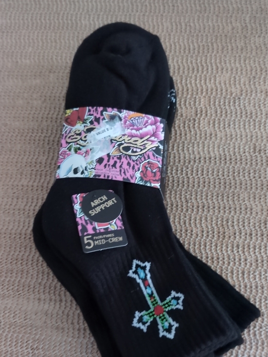 Ed Hardy Accessories - Women's Black Mid-Crew Socks Arch Support 5 Pairs New